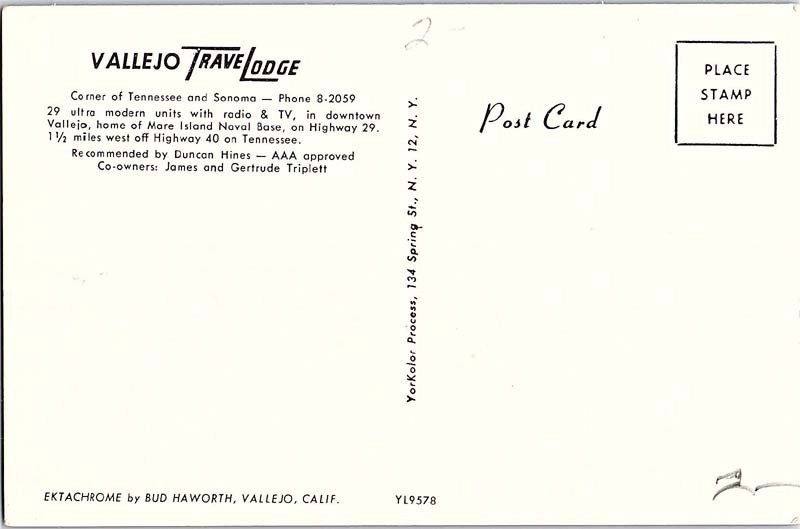 Postcard LODGE SCENE Vallejo California CA AI9889