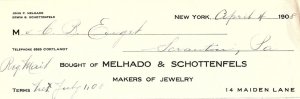 1908 MELHADO & SCHOTTENFELS NEW YORK GOLD DIAMOND JEWELRY BILLHEAD INVOICE Z2278