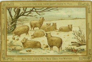 1880's Victorian Card Winter Scene Sheep In Snow Poem Hesba Stretton P100