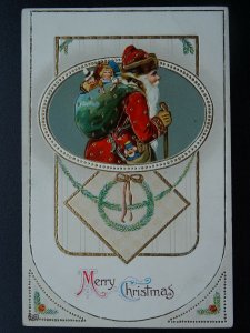 MERRY CHRISTMAS Father Christmas with Sack of Toys c1909 Embossed Postcard