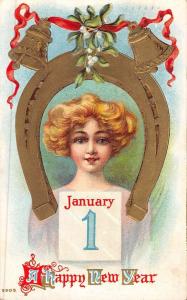 Happy New year Woman Horseshow Bells Luck Antique Postcard K49391 