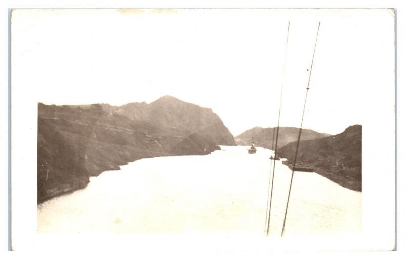 1919 RPPC Ship going through Culebra Cut, Panama Canal Real Photo Postcard