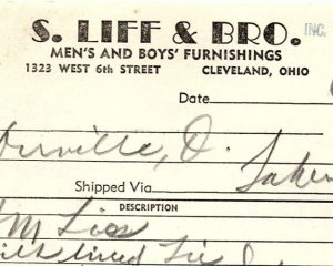 1938 S. LIFF & BRO CLEVELAND OHIO MENS & BOYS FURNISHINGS BILLHEAD INVOICE Z1003