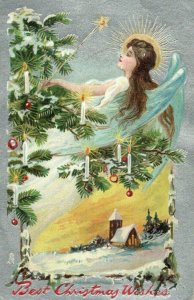 c1910 Raphael Tuck Christmas Angel Tree Candles Embossed Vintage Postcard P118