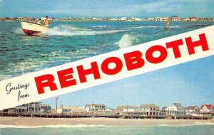 REHOBOTH BEACH Delaware Greetings Speedboat c1950s Vintage Postcard