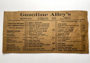 Vintage 70s GASOLINE ALLEY'S Restaurant Paper Bag Menu Caldwell New Jersey