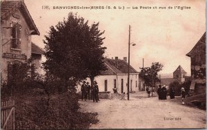 France Sanvignes Les Mines La Poste et Rue de l'Eglise Vintage Postcard C087