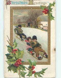 Divided-Back christmas GIRL RIDES BACK OF BIG BROTHER TOBOGGAN SLED j6161