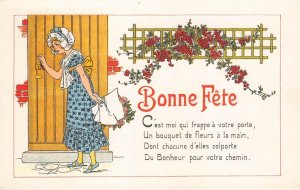 Bonne Fête Greetings Girl & Flowers French 1910s Art Nouveau Antique Postcard