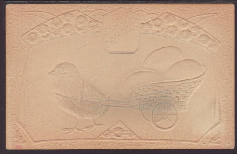 Easter Greetings,Chick,Eggs,Cart,Embossed Postcard