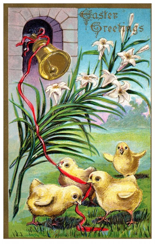 Easter Greetings Chicks with Bell Vintage Embossed Postcard 0305