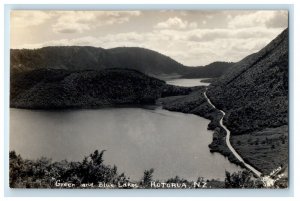 View Of Green And Blue Lakes Rotorua New Zealand RPPC Photo Vintage Postcard