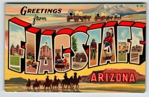 Greetings From Flagstaff Arizona Large Letter Linen Postcard Curt Teich Coach