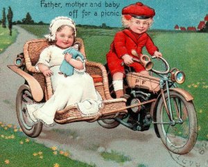 Adorable Father Mother Baby off for Picnic Motorbike Motorcycle Sidecar Boy Girl