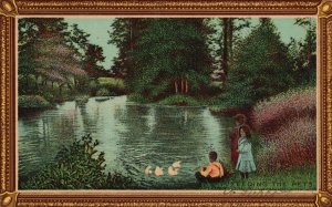 Vintage Postcard 1909 Boy & Girls Children Feeding Pets Swans in River Artwork