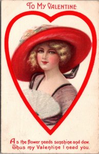 To My Valentine, Woman Wearing Big Red Hat In Heart c1919 Postcard W70