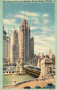 VINTAGE POSTCARD THE TRIBUNE TOWER AND MICHIGAN AVENUE BRIDGE CHICAGO ILL 1943