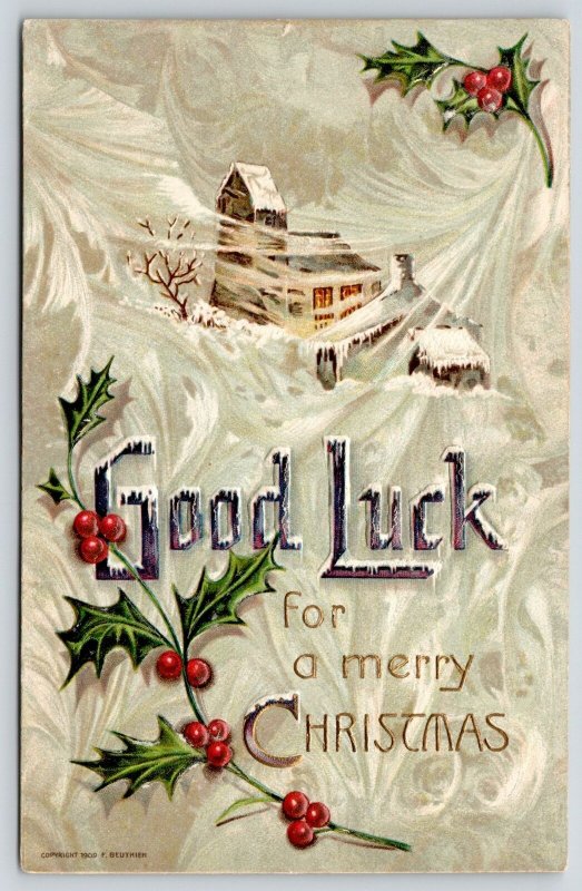 Christmas~Large Letter Good Luck on Swirling Snow~Home in Storm~1909 F Beuthien 