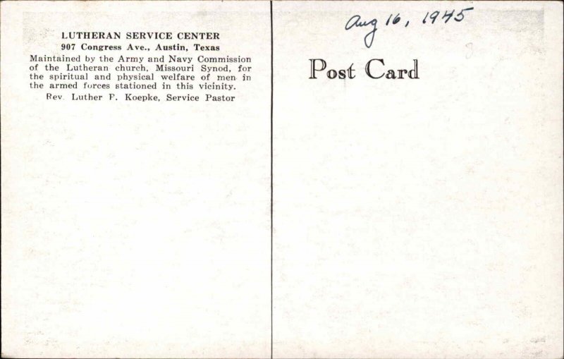 World War II WWII Austin Texas TX Lutheran Service Center Vintage Postcard