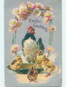 Pre-Linen easter CHICKEN WATCHES OVER CHICKS AT WATER DISH HL0792