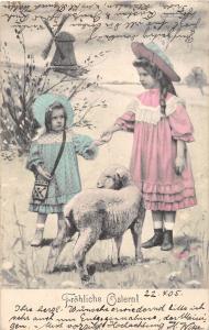 BG4781 girls children lamb windmill ostern easter   germany  greetings