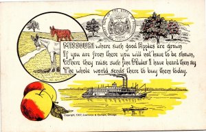 Lawrence & Gorham Postcard MO Great Seal Apples Donkeys Wheel Steamer ~1910 S81