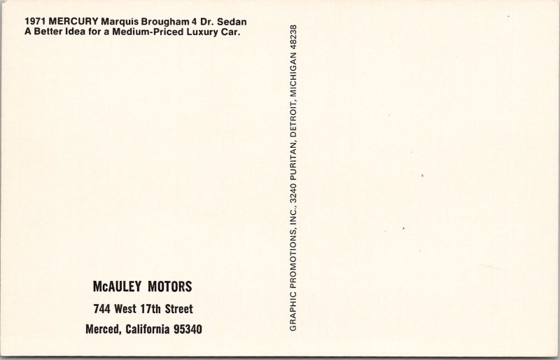 Car Dealership McCauley Motors Merced California 1971 Marquis Sedan Postcard Y14