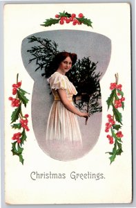 Holiday~Woman With Pine Branch Holly & Christmas Freeting~Vintage Postcard