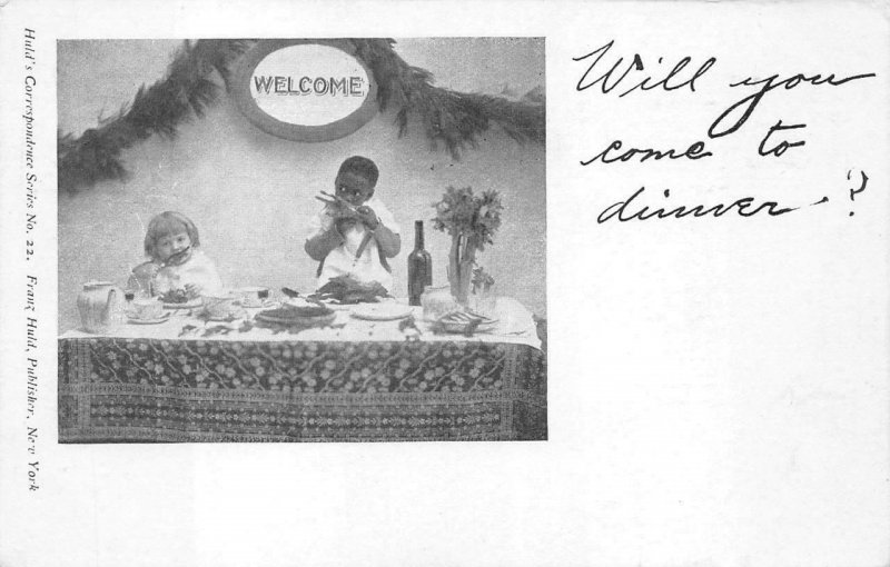 WELCOME INTERRACIAL DINNER WINE CHILDREN BLACK AMERICANA POSTCARD 1908