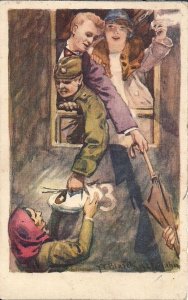 WWI Woman Hands Package to Soldier, Train Window, Military, Artist Signed Czech