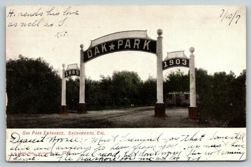 Sacramento California~Oak Amusement Park Entrance Arches~Trolleys Wait~1907 