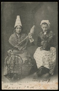 La Normandie. La C.P.A. Spinner and seamstress in local costume. 1906 postcard