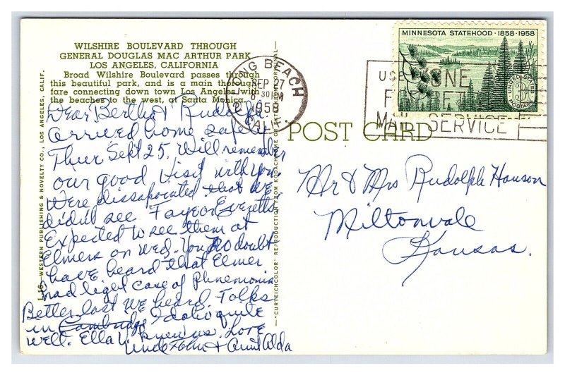 Wilshire Boulevard General Mac Arthur Park Los Angeles CA c1958 Postcard