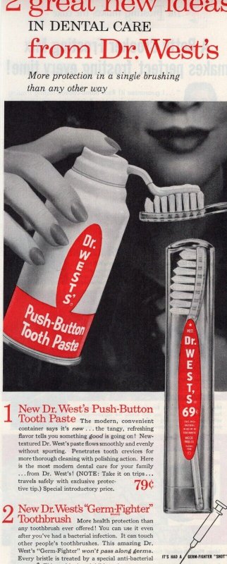 1958 Ladies Home Journal Vintage Dr West's Push-Button Toothpaste Ad Toothbrush