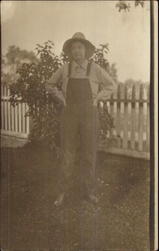 Gender Bending Cross Dressing - Woman in Overalls & Farmer Hat c1910 RPPC