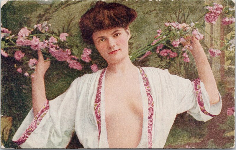 Sexy Young Woman Female Risque Pretty Flowers Antique Postcard F73