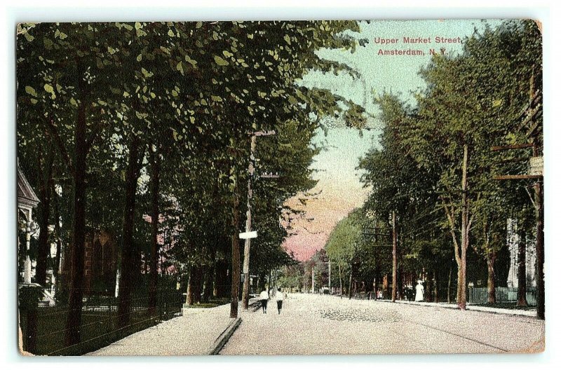 Upper Market Street Amsterdam, NY Victorian Postcard Vintage Antique 