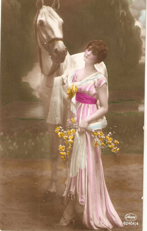 Pretty lady with her horse Nice vintage German postcard