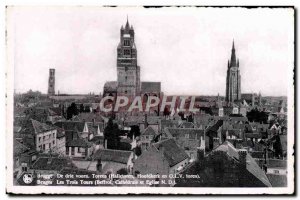 Old Postcard The Three Towers Bruges Belfry and Cathedral Church ND