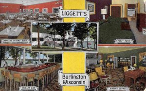 Liggett's Restaurant Bar Interior Browns Lake Burlington Wisconsin postcard