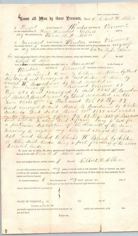 1860  Pomfret   Vermont  Gilbert D. Allen  Land Deed  Receipt   14 x 8