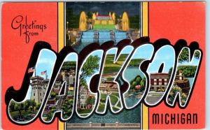 Large Letter Linen JACKSON, MICHIGAN  MI  ca 1940s Kropp  Postcard