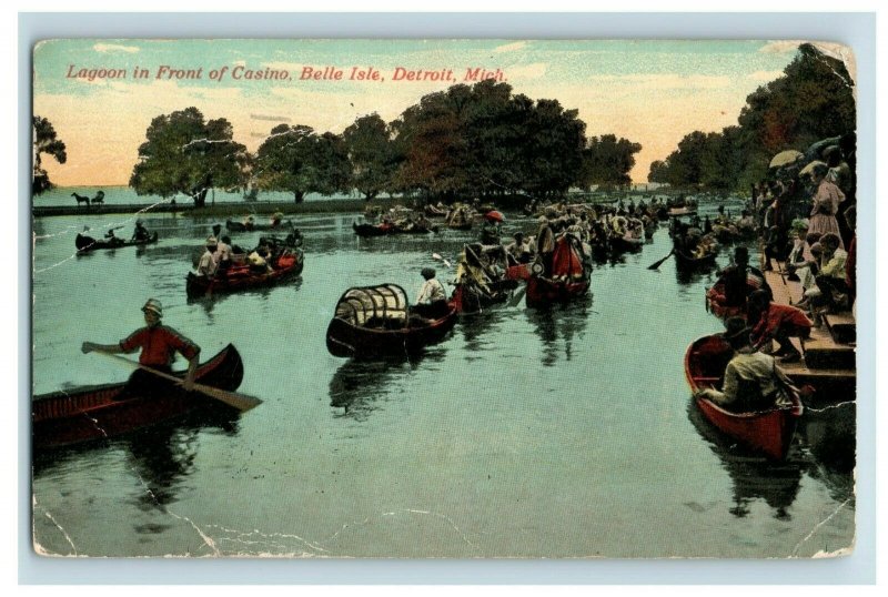 Circa 1910 Boats on Lagoon In Front of Casino Belle Isle, Michigan Vintage P12 