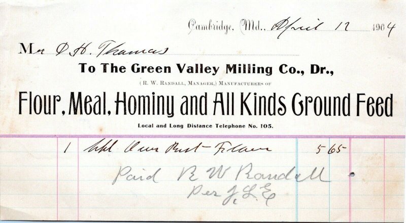 Cambridge Maryland Vtg Billhead Letterhead 1904 GREEN VALLEY MILLING CO. Farming