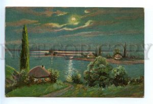 494978 Ukrainian Village Night View Moonlight Lithographic russian postcard