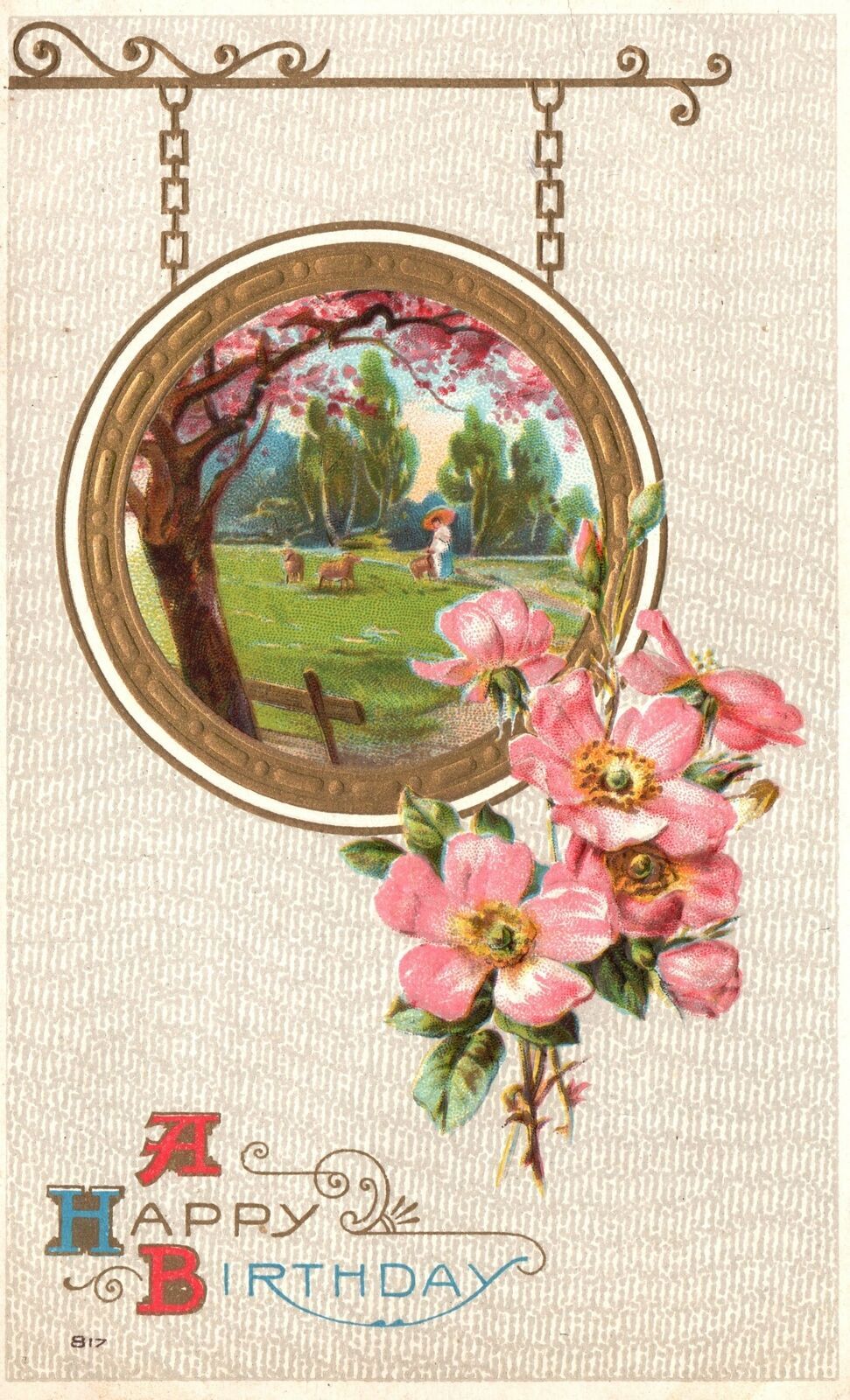 Vintage Postcard A Happy Birthday Flower Bouquet Landscape Pastoral