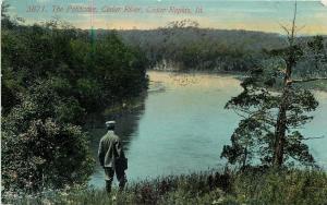 Cedar Rapids IA Man with Satchel Looks at Palisades @ Cedar River~1911 Postcard