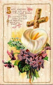 Vintage John Winsch Wood Cross, Easter Lily, Purple Daisies, Easter Postcard