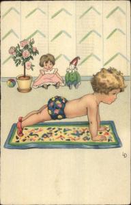 Baby Little Boy Exercising Push-ups - Meissner & Buch #3090 c1910 Postcard