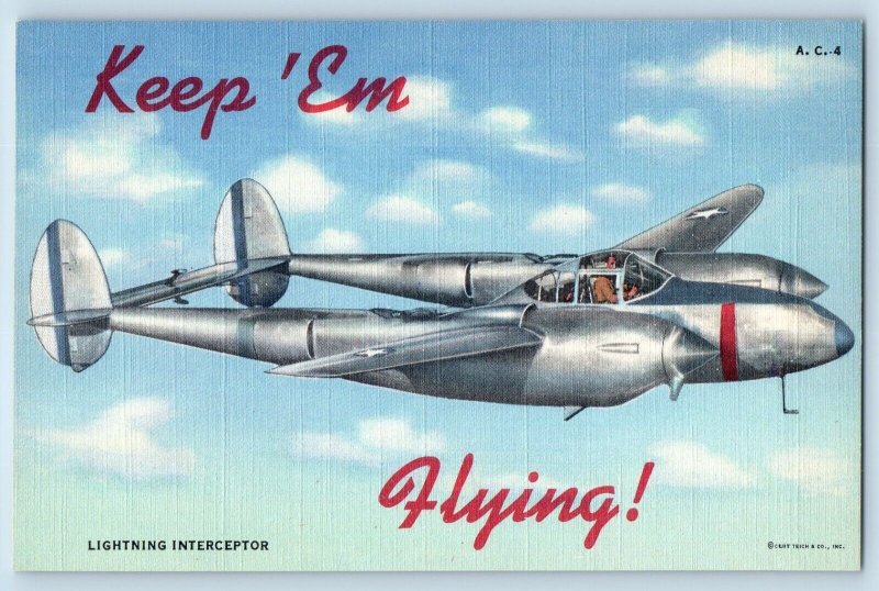 WWII Postcard Lightning Interceptor Keep Em Flying US Navy c1940's Vintage